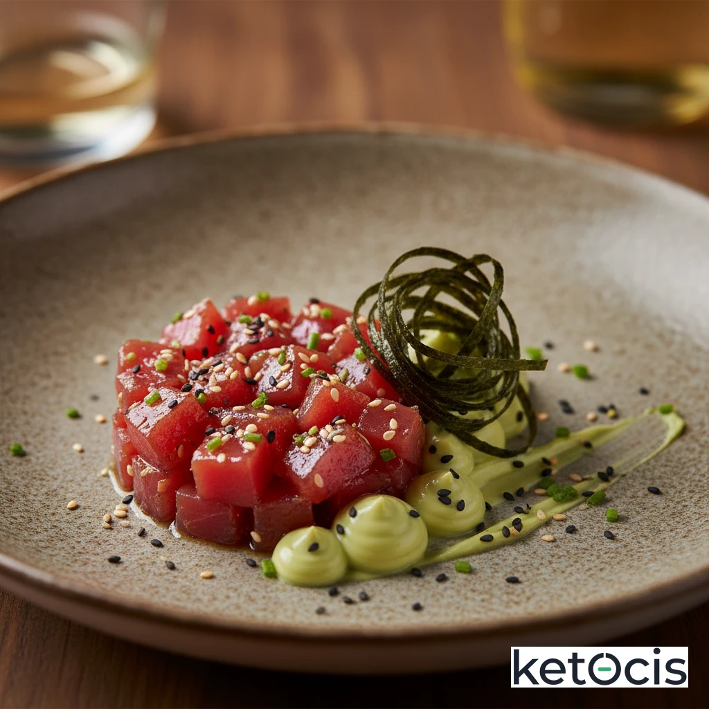 Tazón de atún picante con mayonesa de aguacate y alga nori