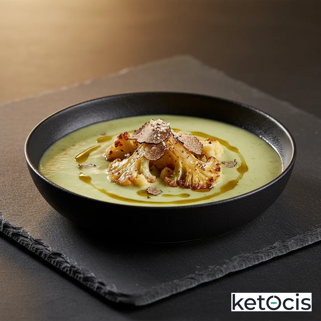 Crema de puerros y coliflor asada con un toque de trufa
