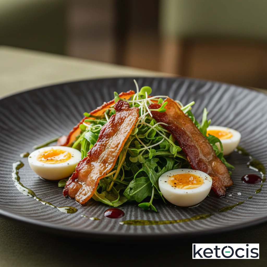 Ensalada de brotes tiernos con tocino crujiente y huevos de codorniz