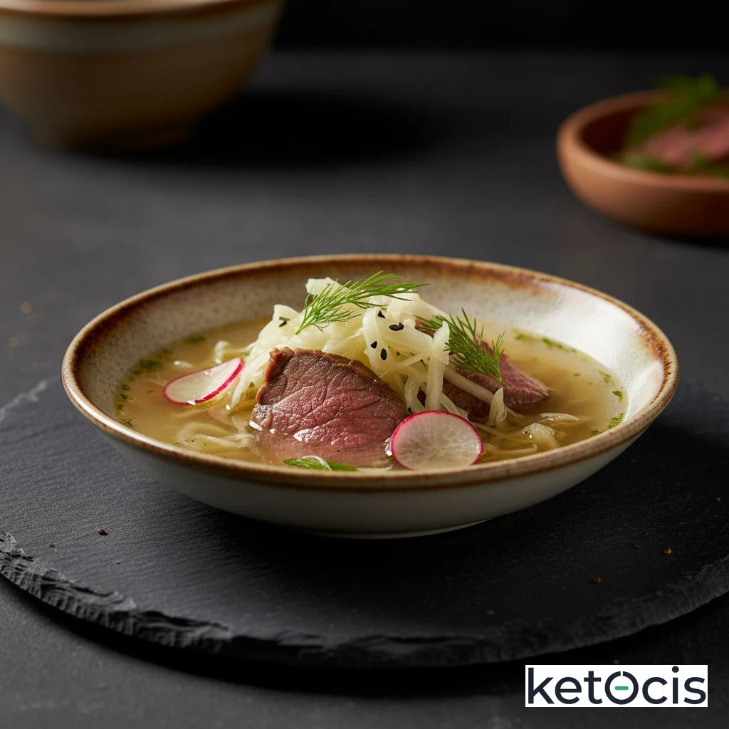 Sopa de repollo blanco y carne de res en caldo claro