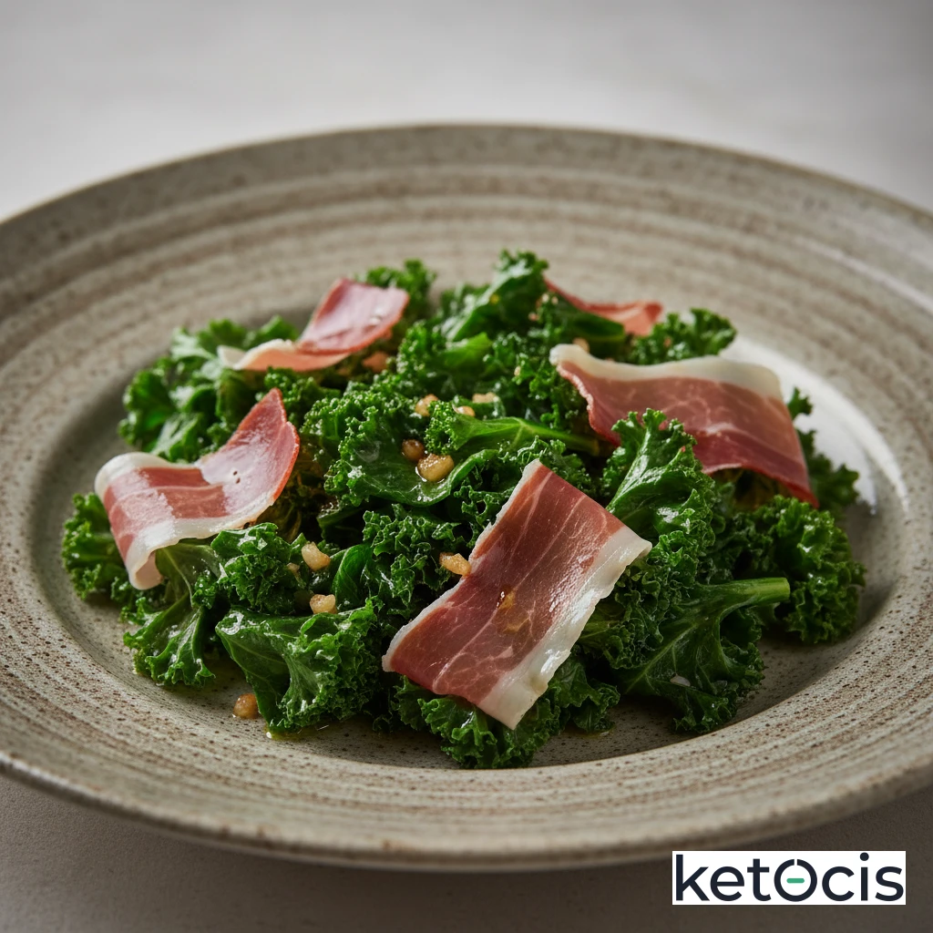 Salteado de col rizada kale con ajo picado y jamón serrano