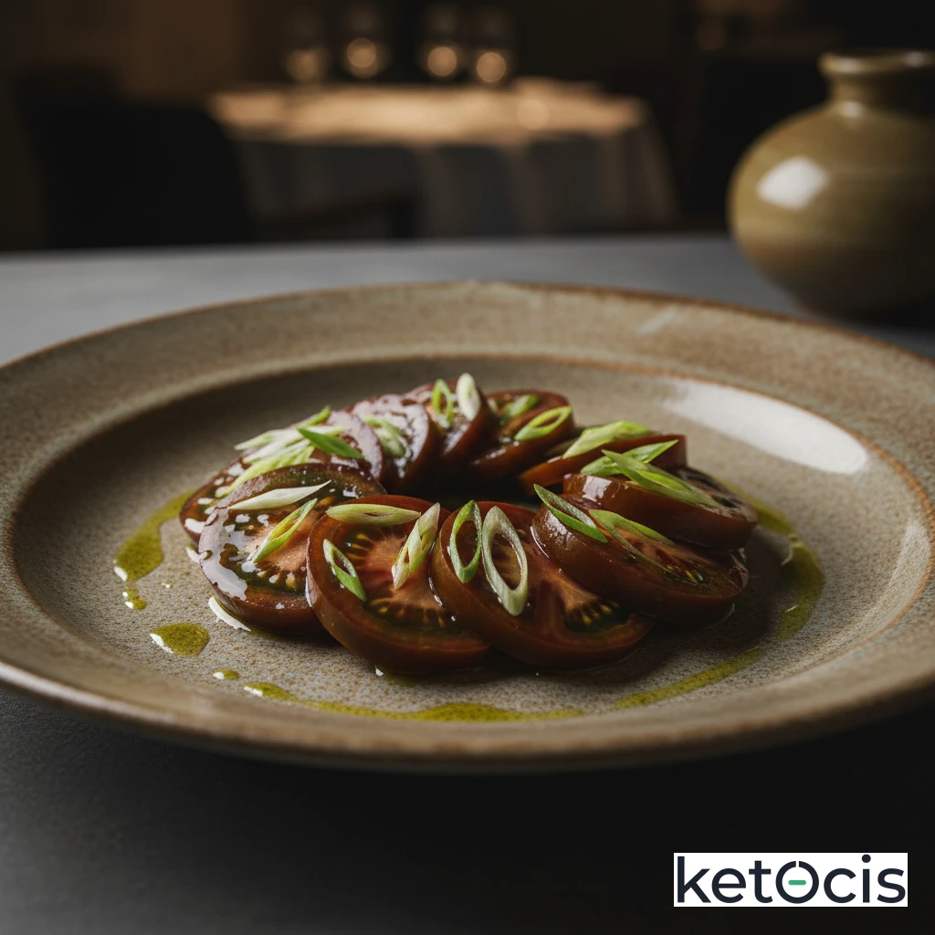 Ensalada de tomate kumato con cebolleta fina y aceite virgen
