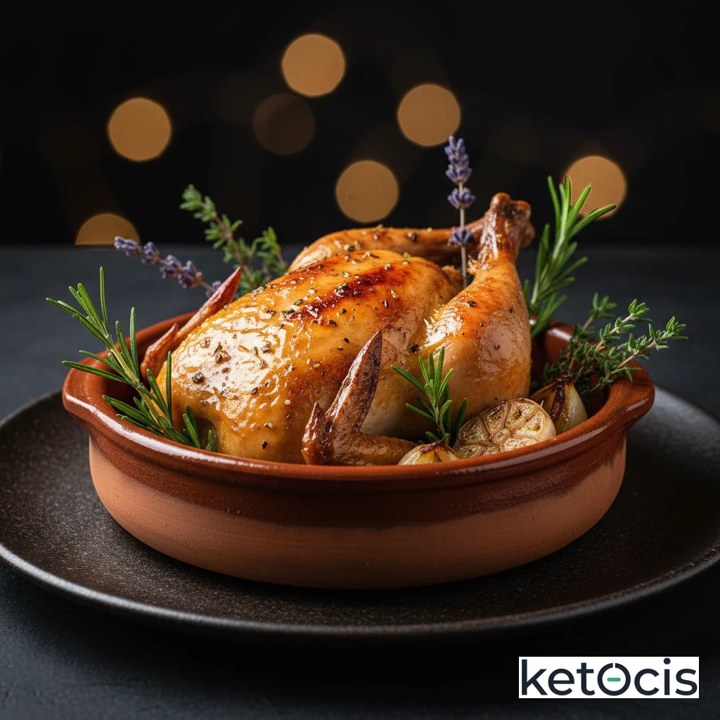 Pollo asado en cazuela de barro con hierbas provenzales naturales