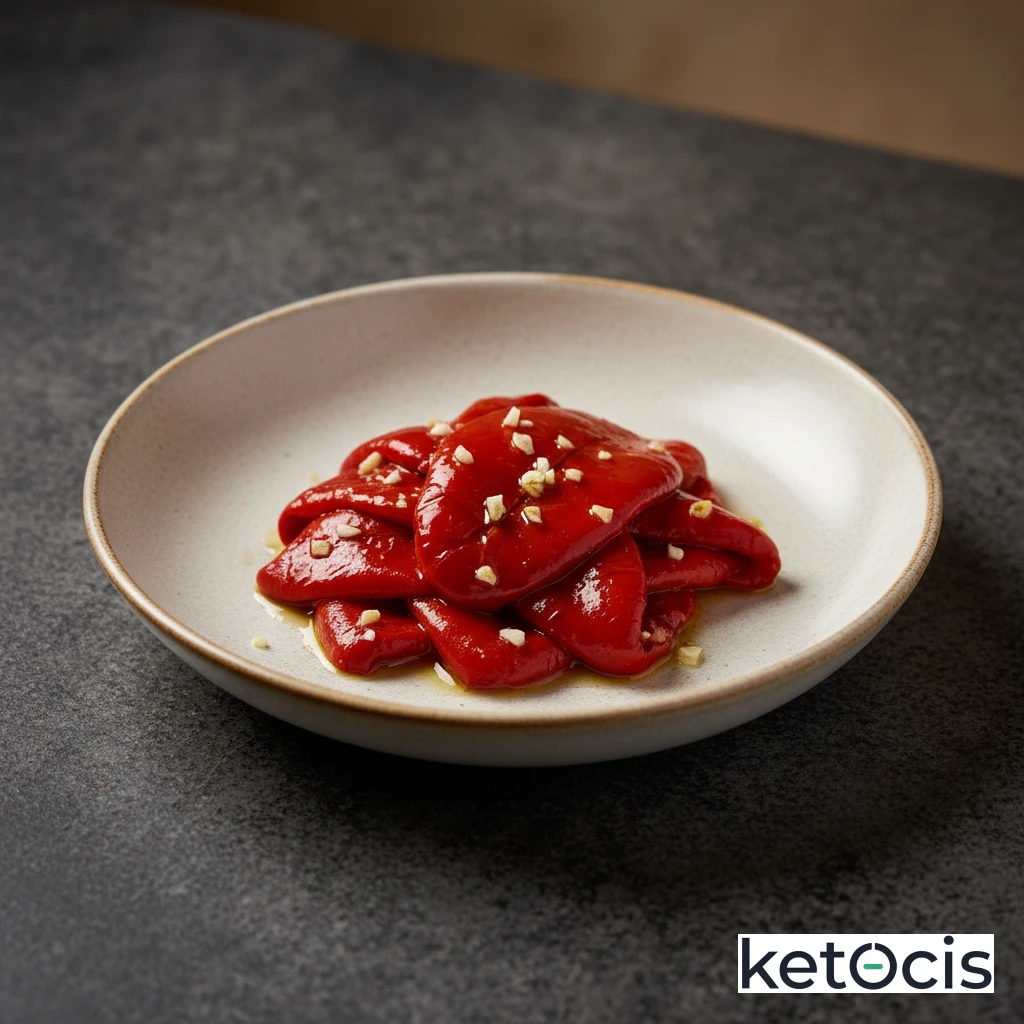 Pimientos rojos asados y pelados aliñados con ajo triturado