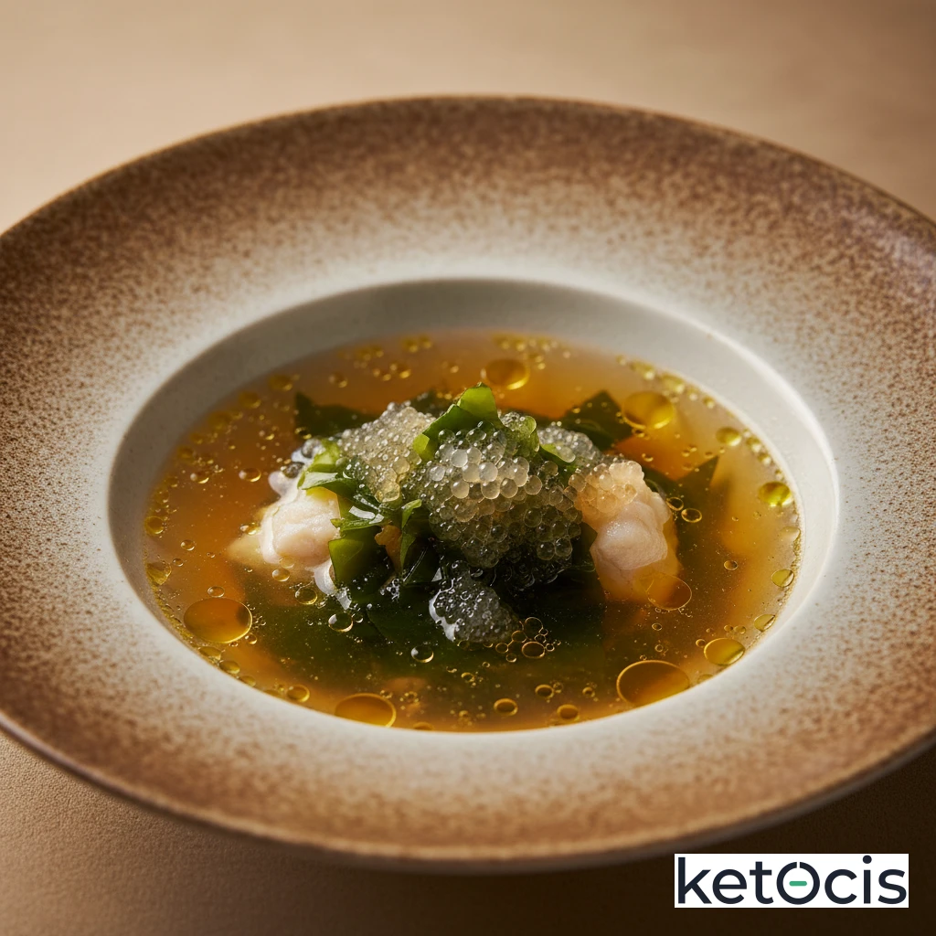Caldo de huesos de pescado rico en colágeno con algas wakame