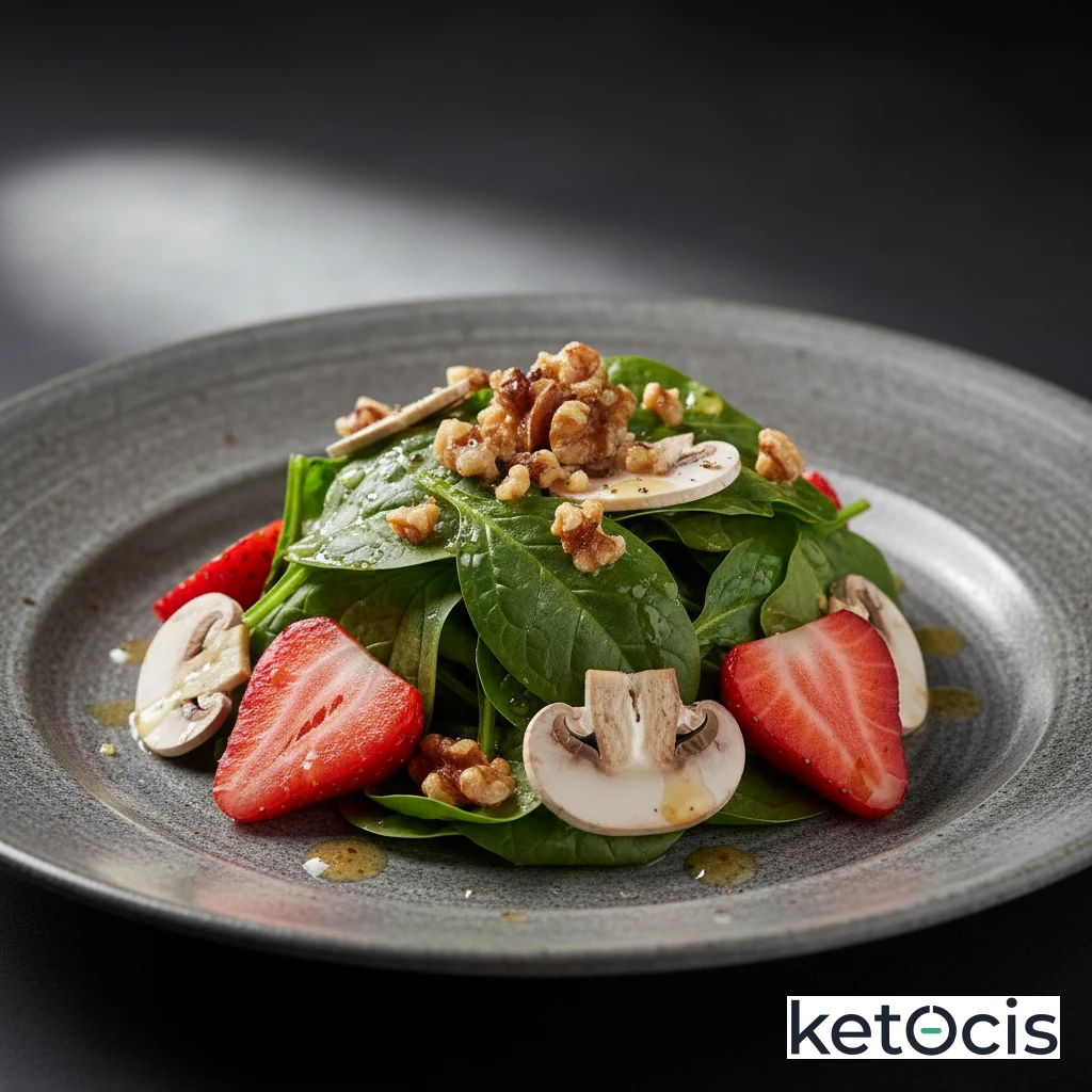 Ensalada de espinacas crudas con fresas champiñones y nueces tostadas