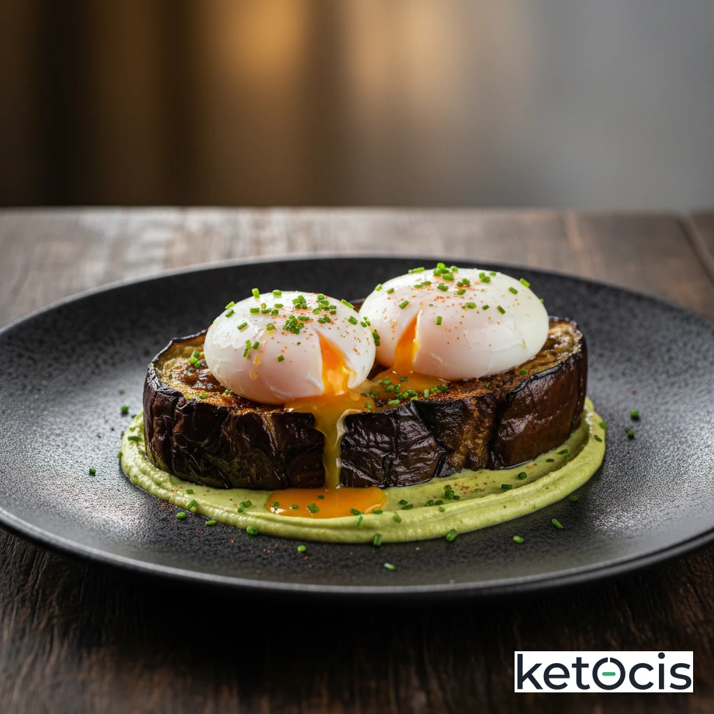 Huevos escalfados sobre falsa tostada de berenjena asada