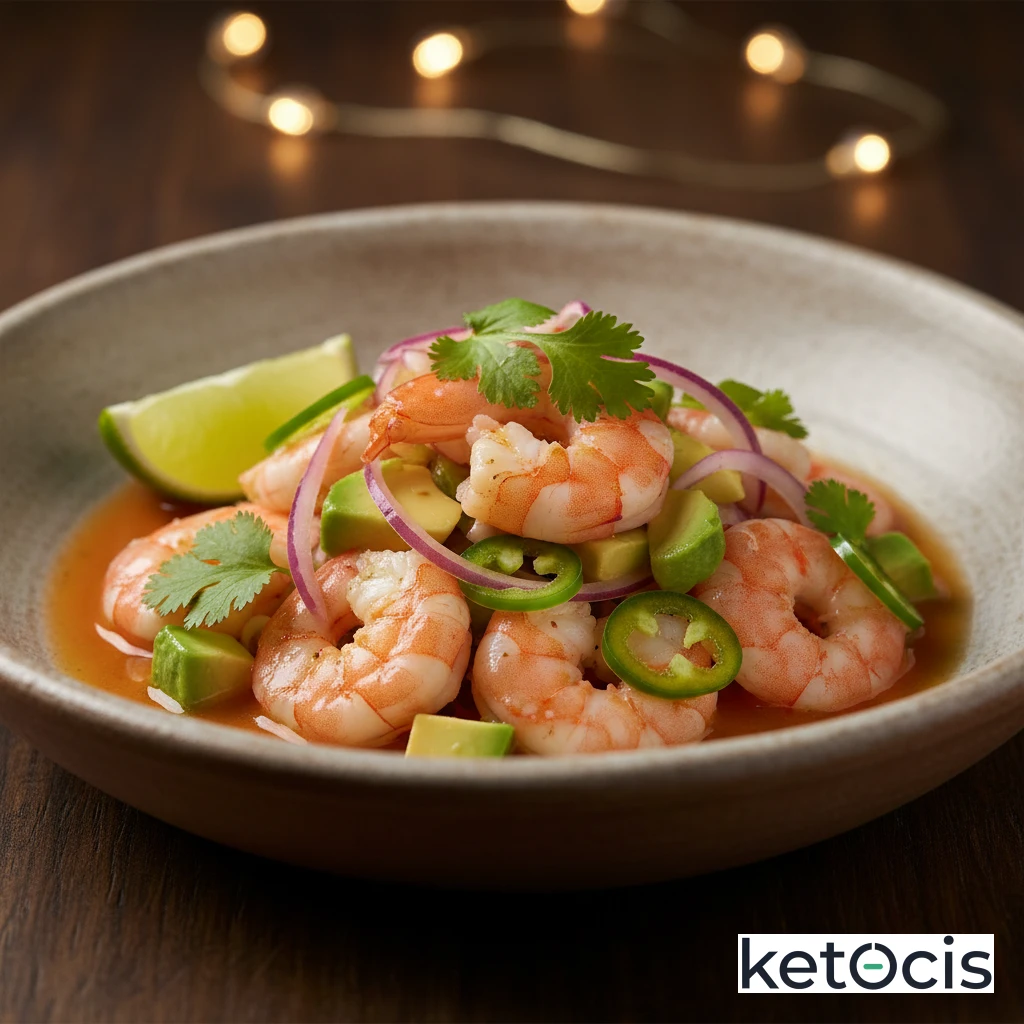 Ceviche de camarones con chile serrano aguacate y cebolla morada