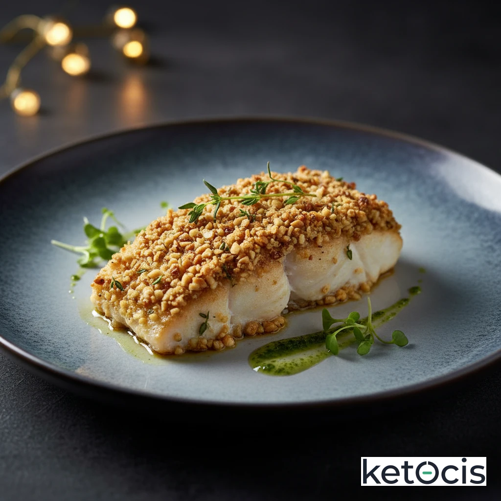 Filete de fletán al horno con costra de macadamias y tomillo