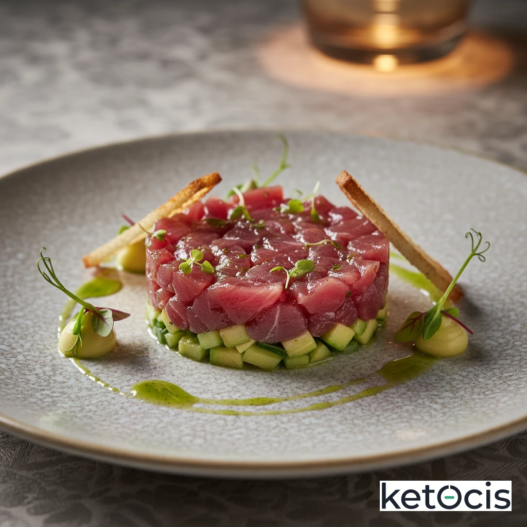 Tartar de atún blanco con pepino finamente picado y aceite de aguacate