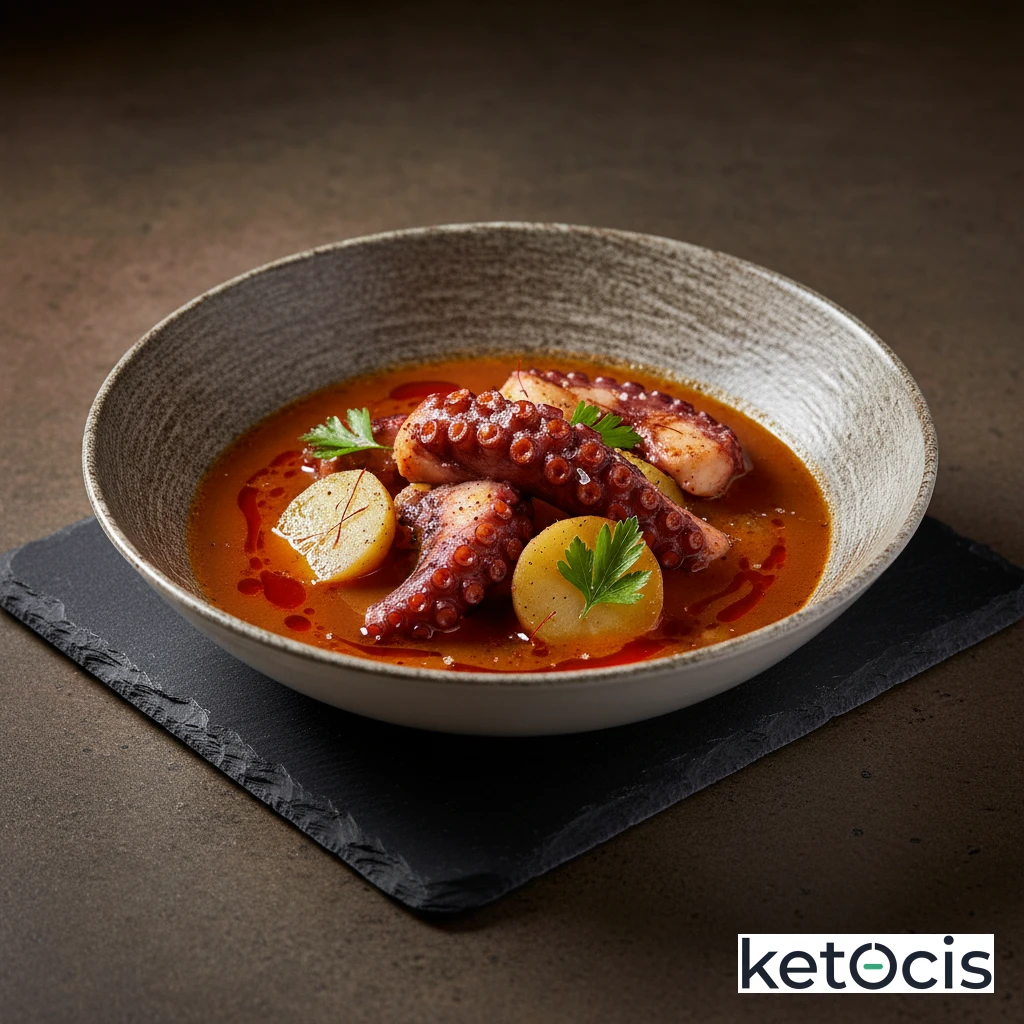 Caldo de pulpo gallego cocido a fuego lento con pimentón