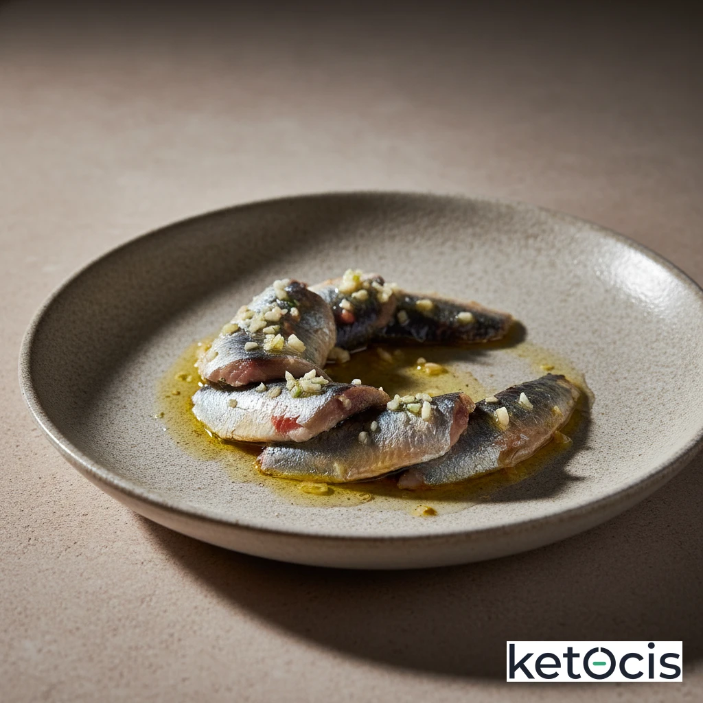 Sardinas marinadas en vinagre y aceite servidas con ajo picado