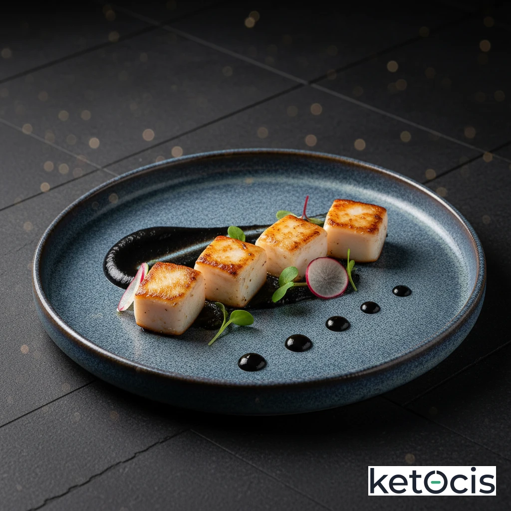 Jibia a la plancha cortada en dados con mayonesa de ajo negro