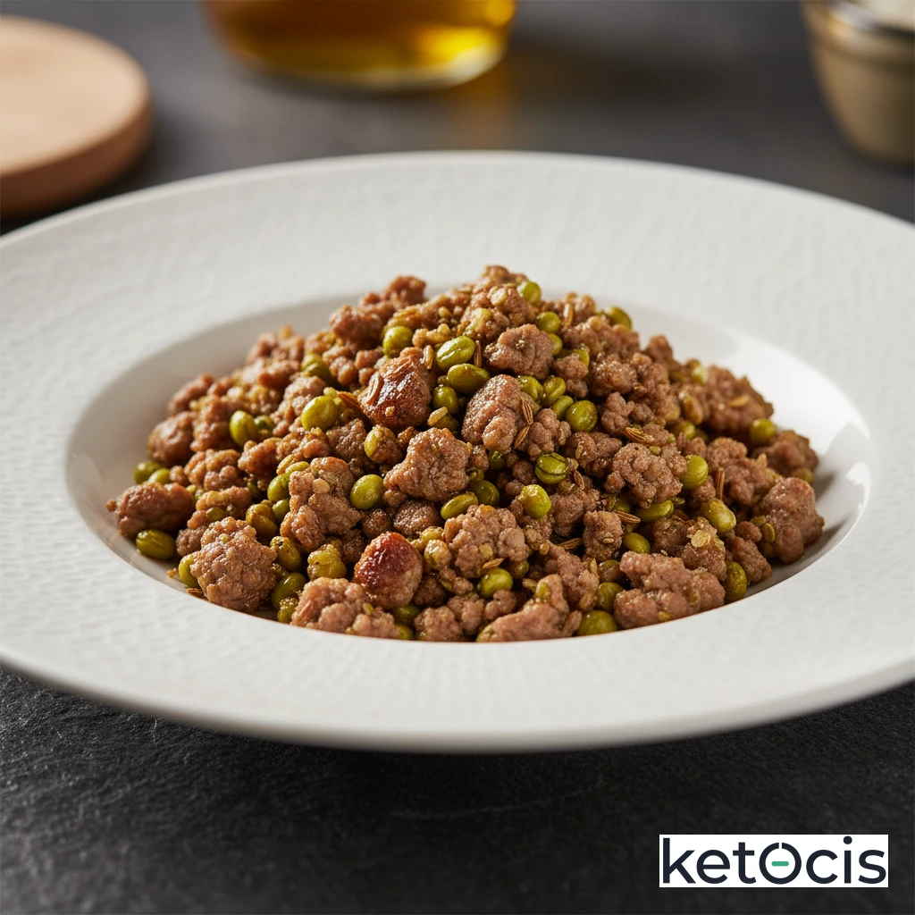 Carne picada de res salteada con corazones de cáñamo y comino