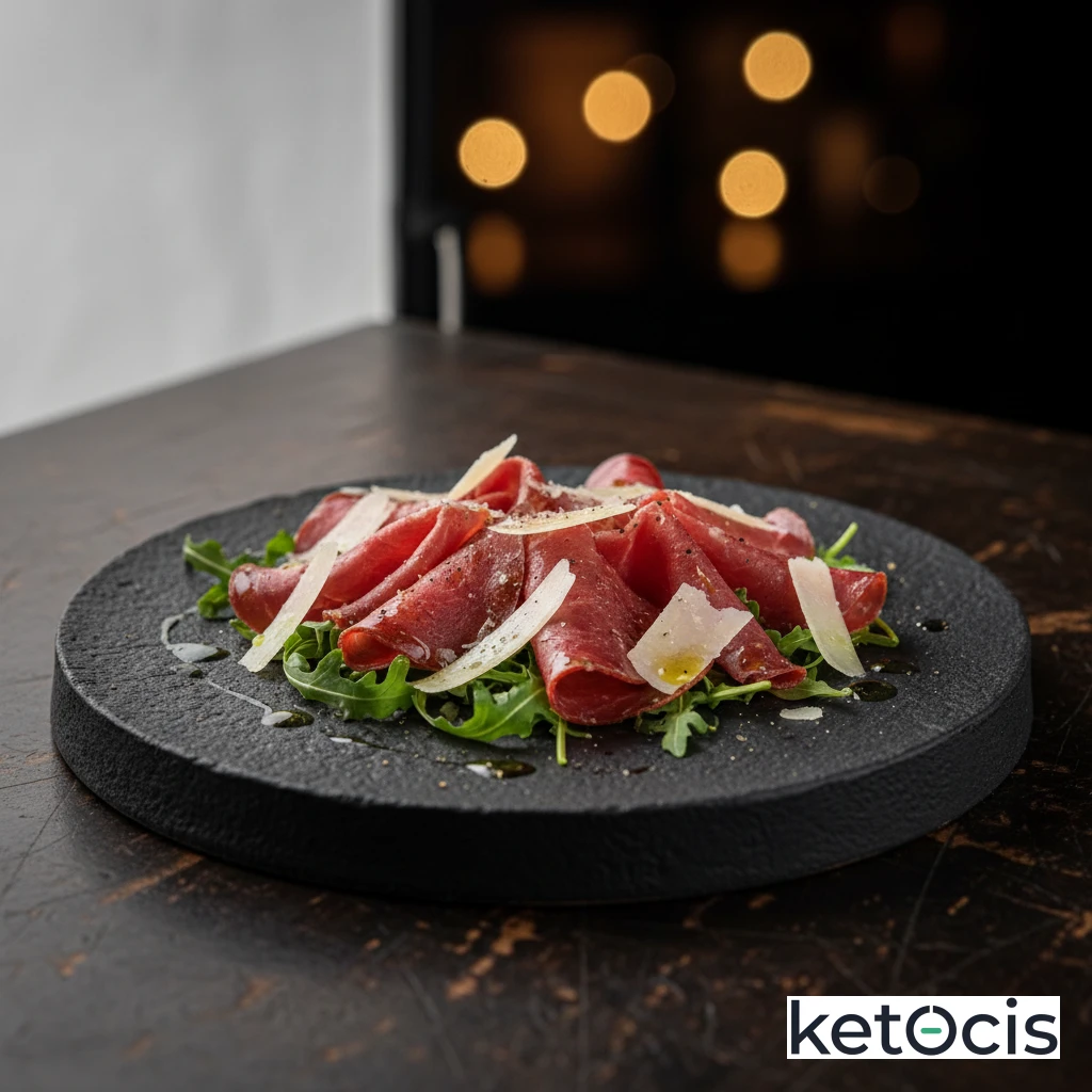 Bresaola italiana servida con rúcula y lascas de queso parmesano