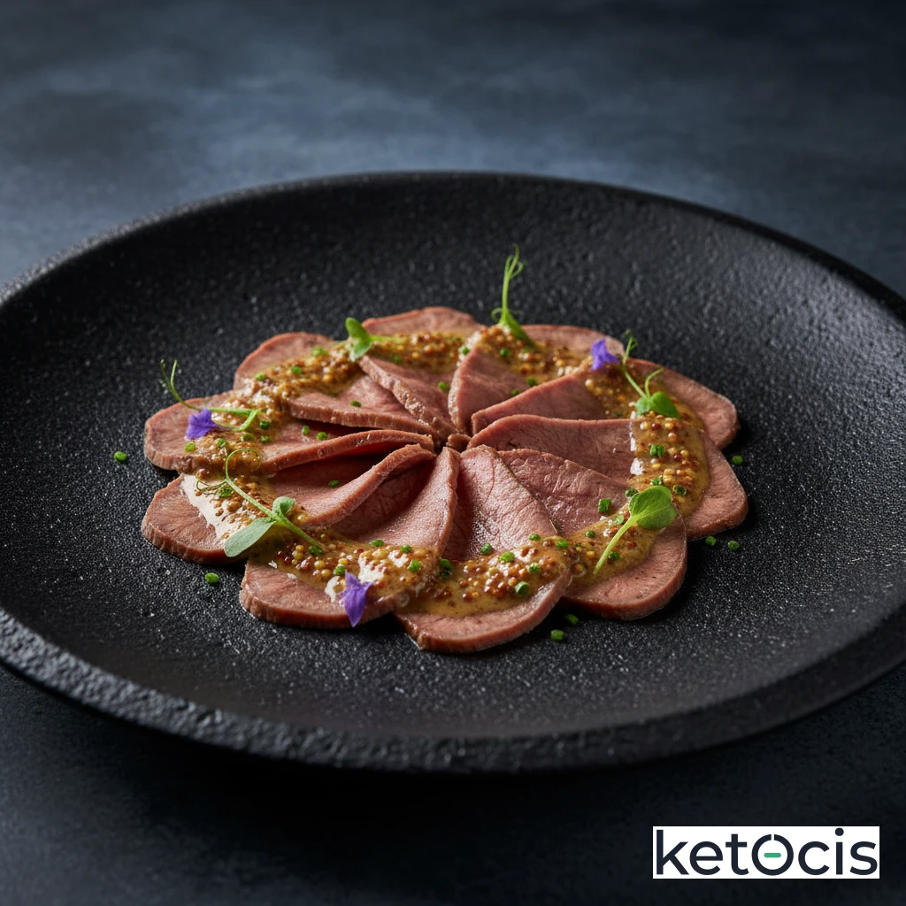Lengua de ternera cocida y aliñada con vinagreta de mostaza