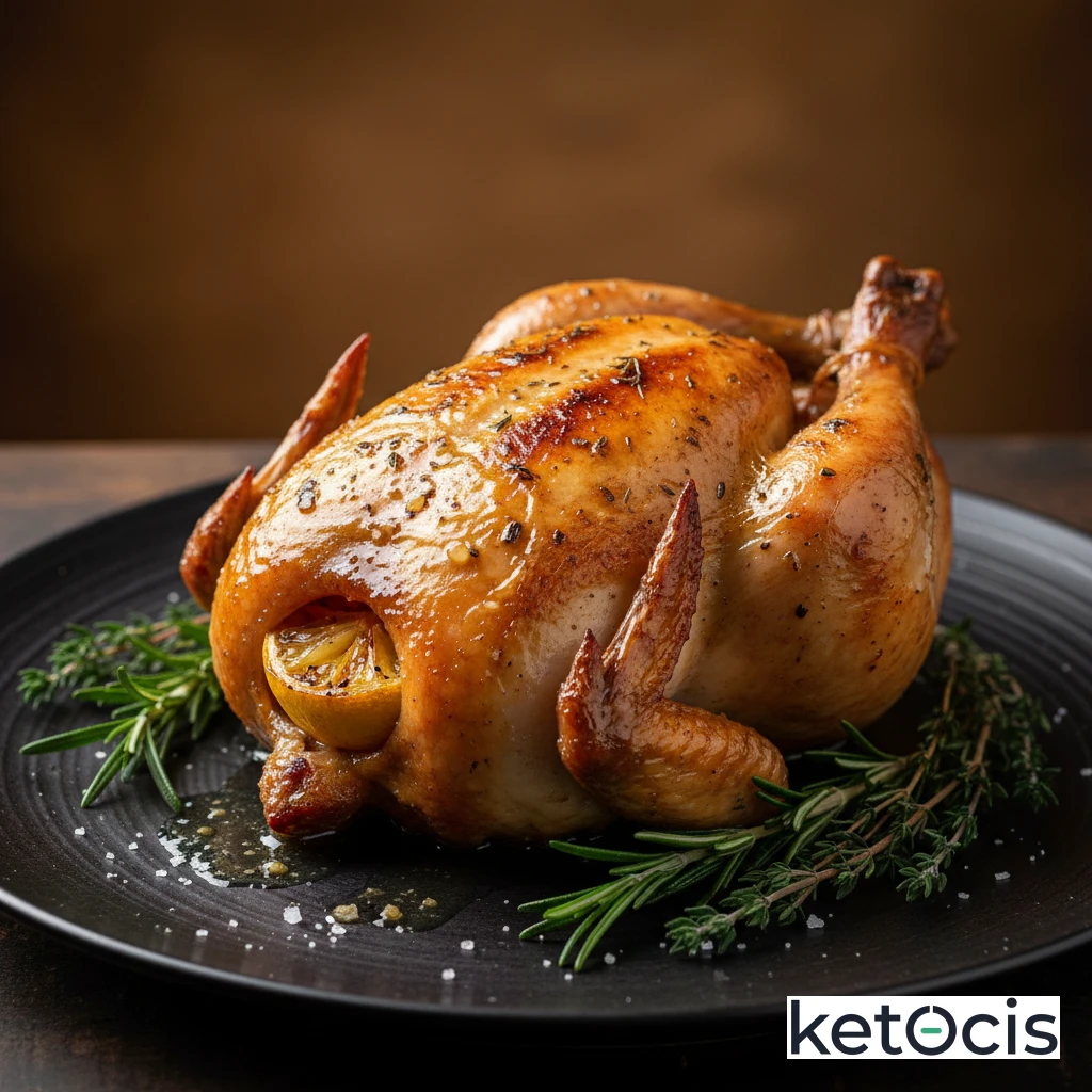 Pollo coquelet asado entero con ajo y limón en su interior