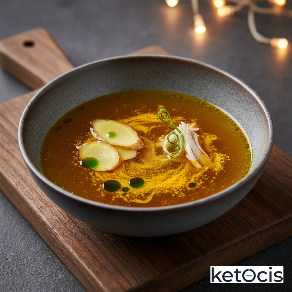 Caldo de huesos de pollo infusionado con jengibre y cúrcuma