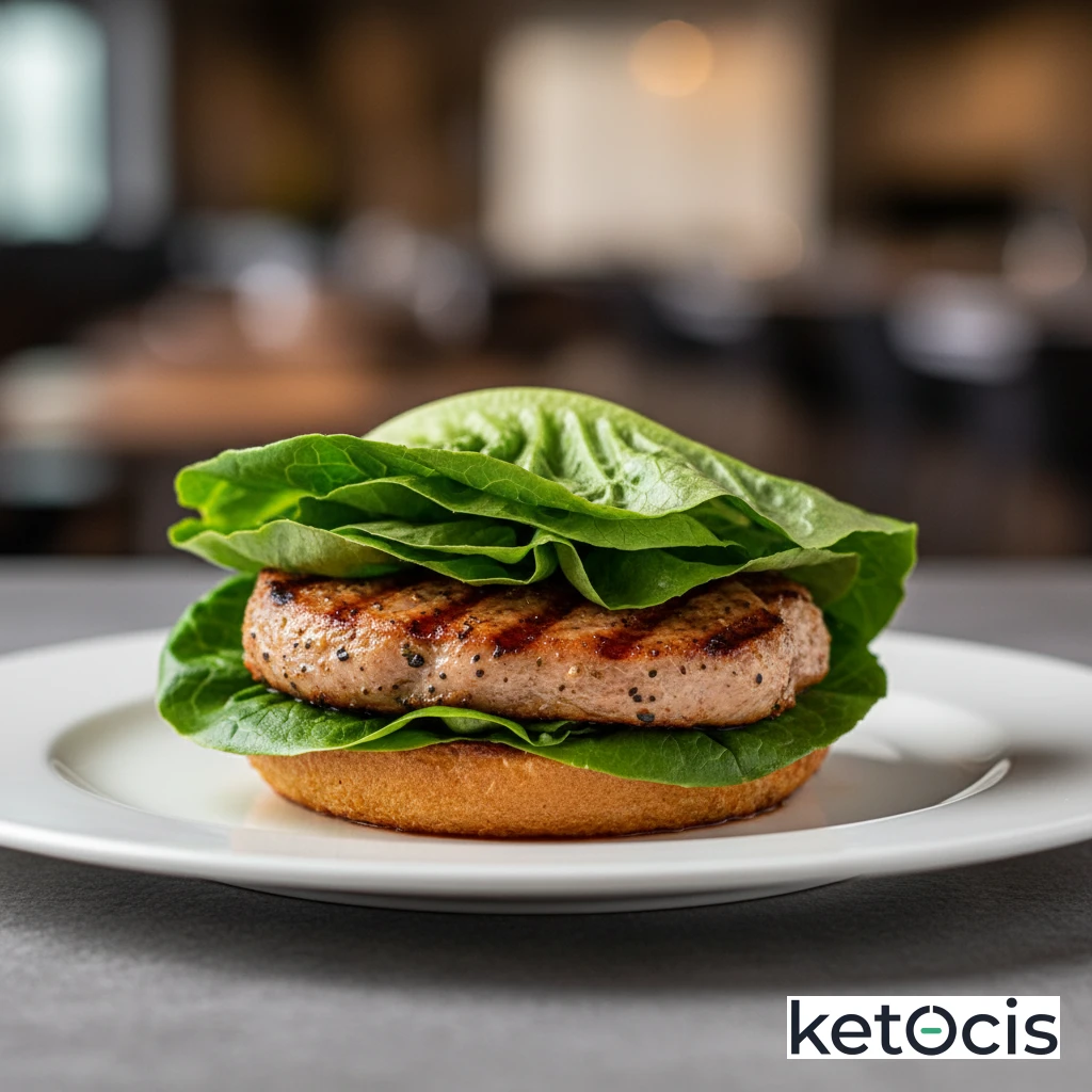Hamburguesa de cerdo especiada envuelta en lechuga romana