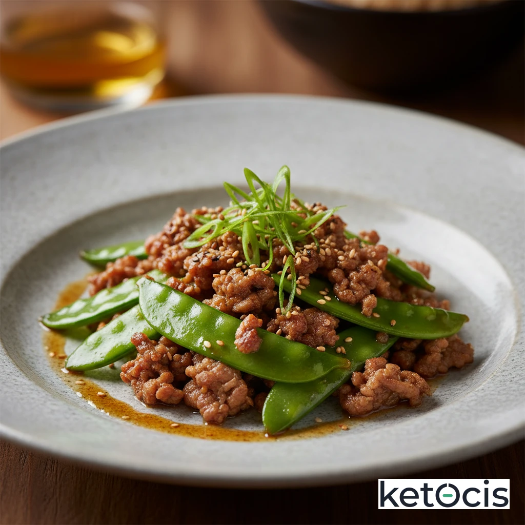 Salteado de cerdo picado con tirabeques y aceite de sésamo