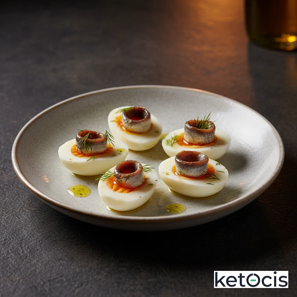 Huevos cocidos cortados por la mitad con anchoas del cantábrico