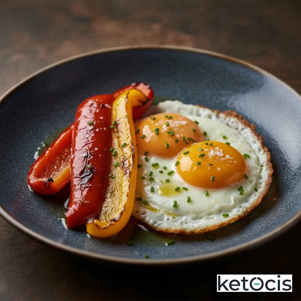 Huevos fritos en aceite de oliva con pimientos asados en tiras