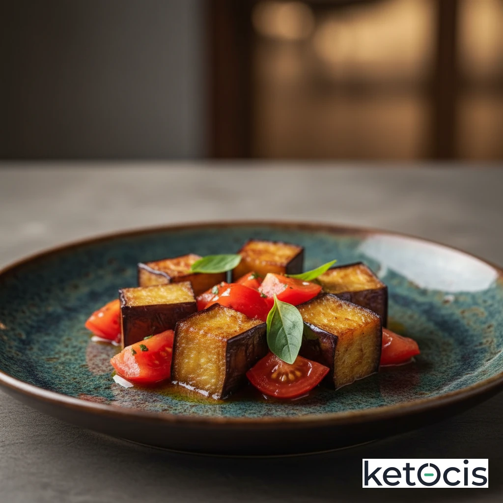Berenjena cortada en dados y frita estofada con tomate natural