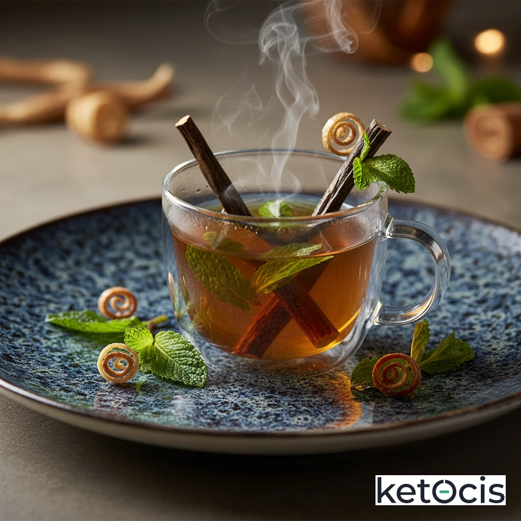 Infusión de regaliz y menta caliente para calmar el estómago