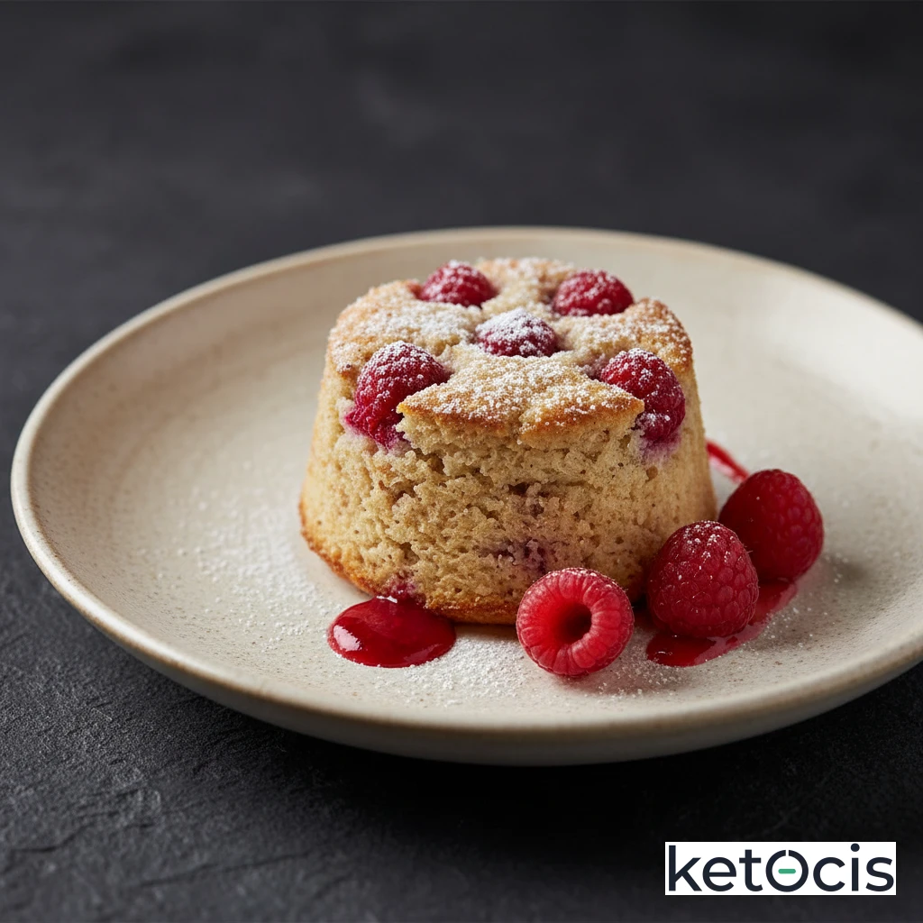 Bizcocho keto de taza hecho con harina de coco y frambuesas