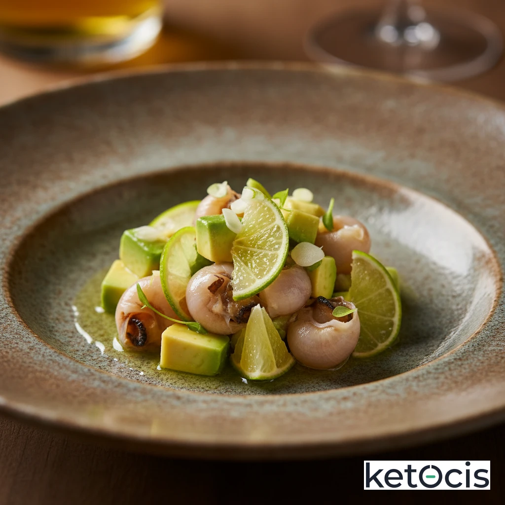 Ceviche de caracoles de mar con lima y aguacate en dados