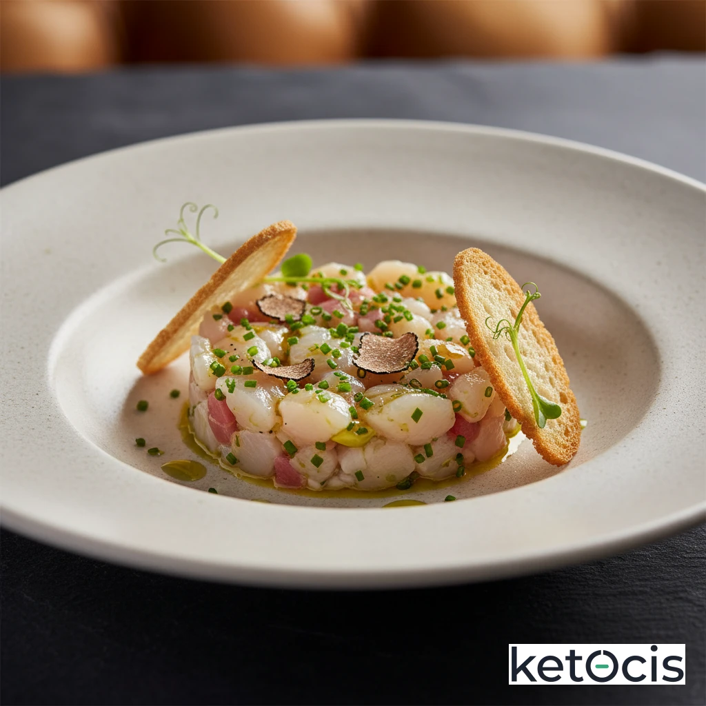 Tartar de vieiras frescas con aceite de trufa y cebollino