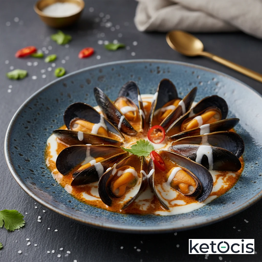 Mejillones al curry rojo tailandés con crema de coco espesa