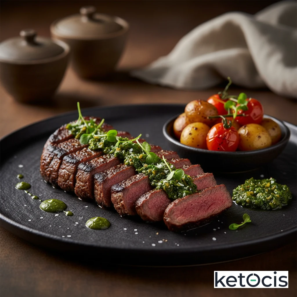 Entraña de ternera marinada en chimichurri y asada al carbón