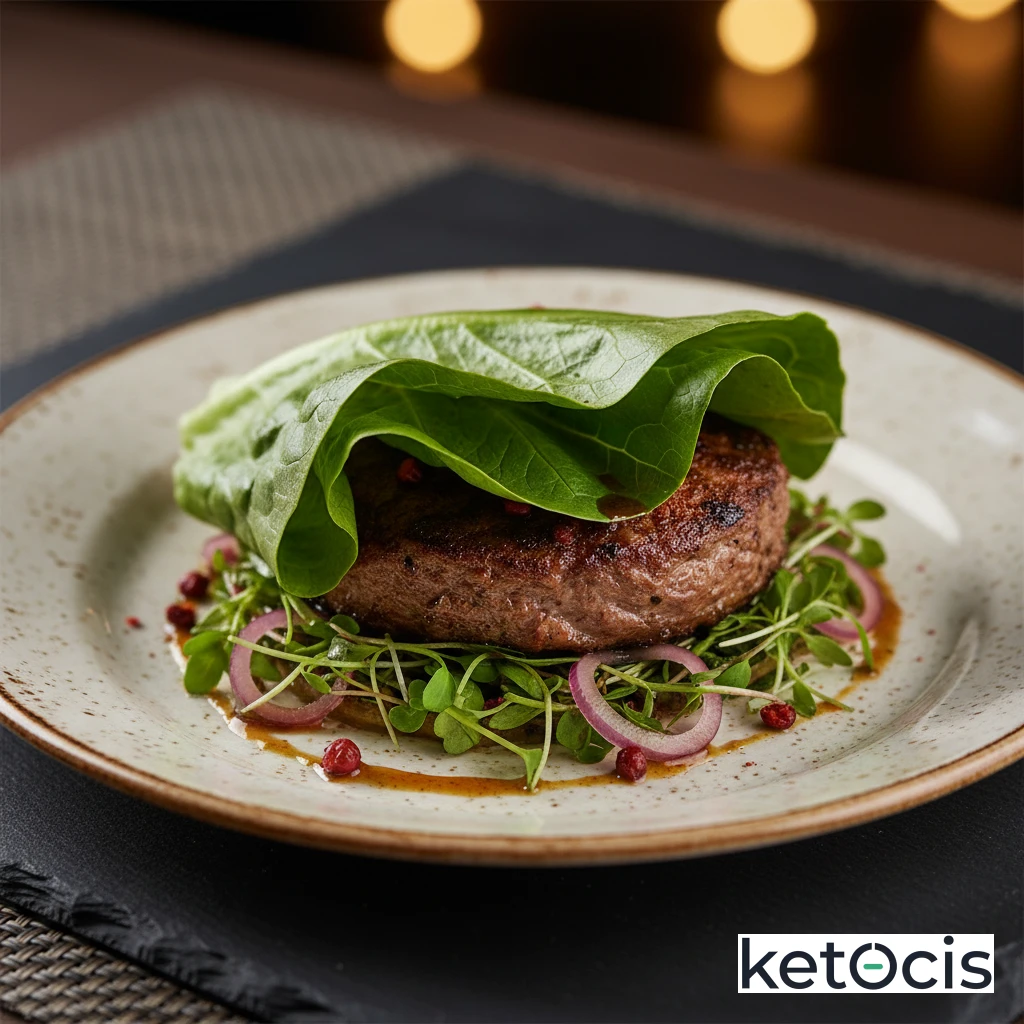 Hamburguesa de jabalí especiada envuelta en hojas de lechuga viva