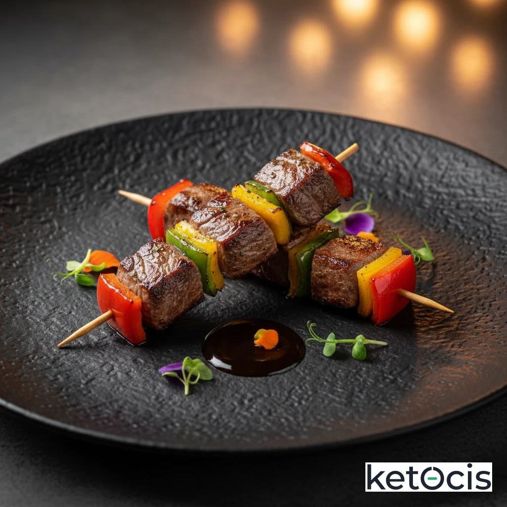 Pinchos de carne de venado con pimientos tricolor a la parrilla