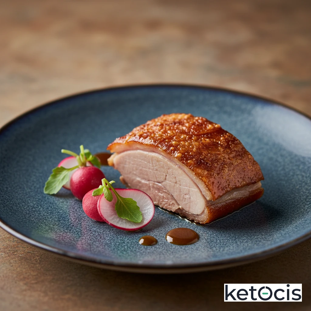 Cochinillo al horno con piel crujiente y guarnición de rábanos
