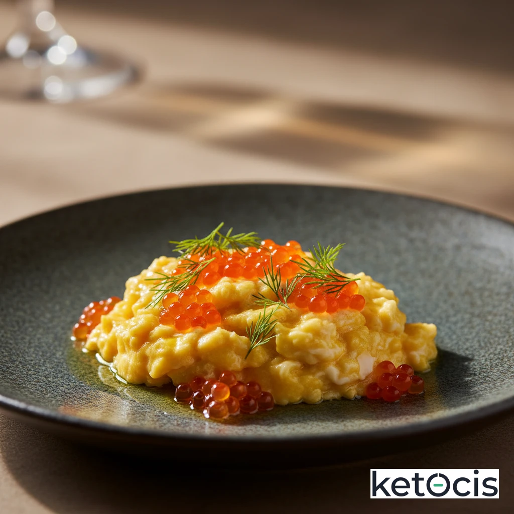 Huevos revueltos con huevas de salmón y eneldo fresco