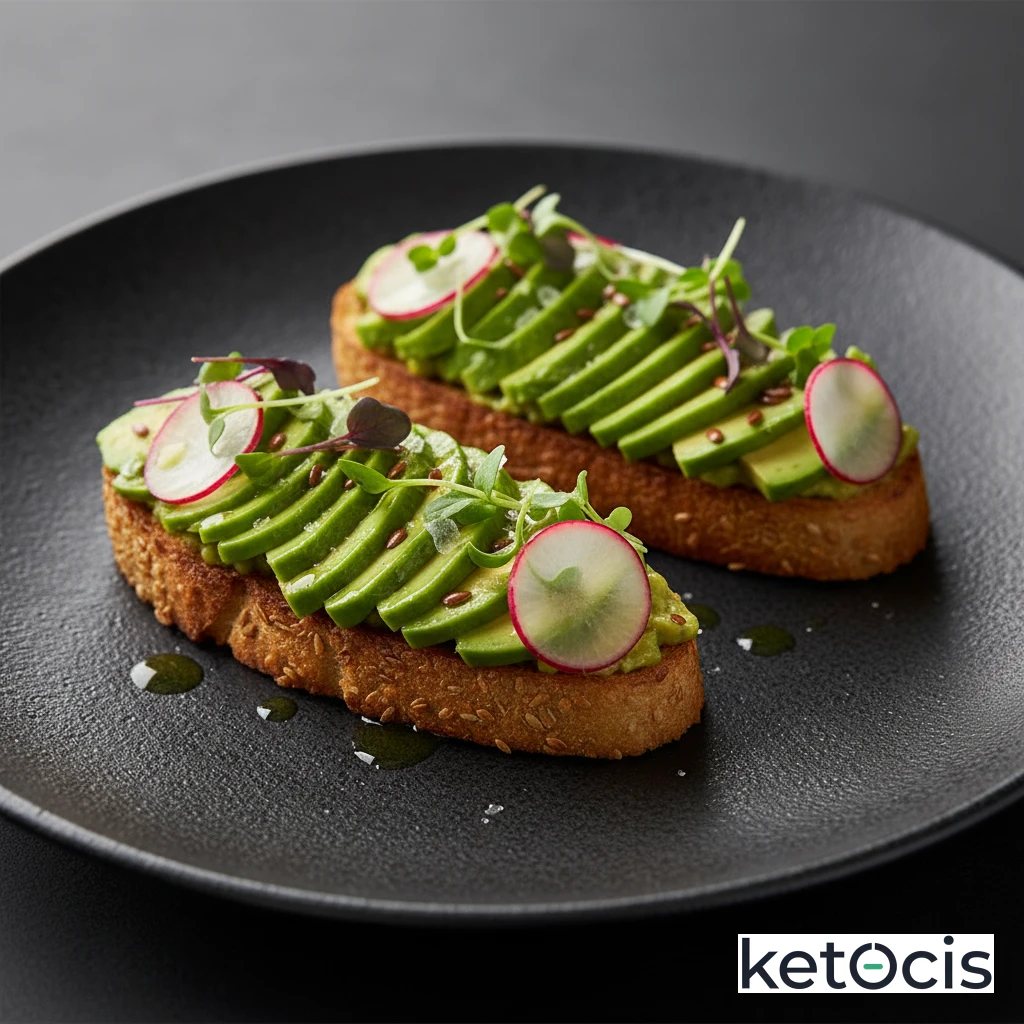 Tostadas de pan de lino dorado con aguacate y rábano picado