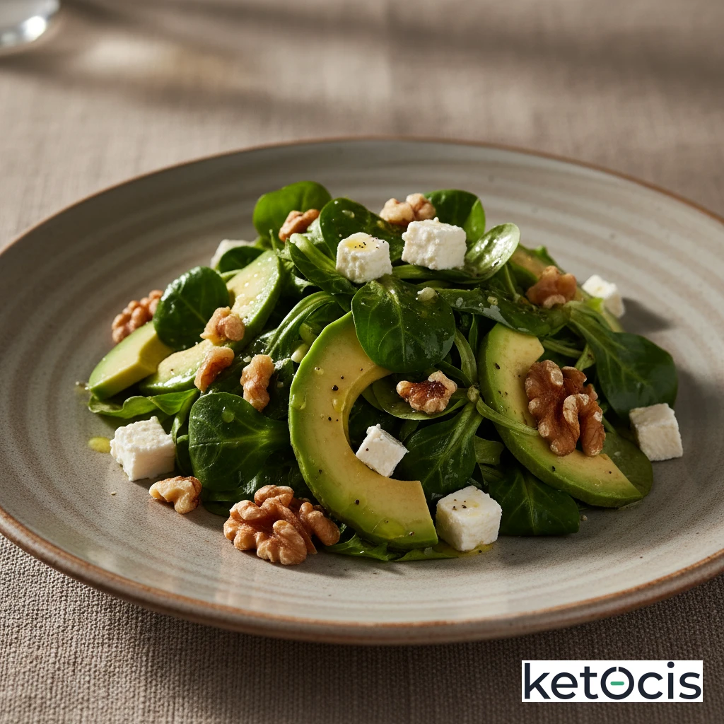 Ensalada de canónigos con aguacate queso feta y nueces