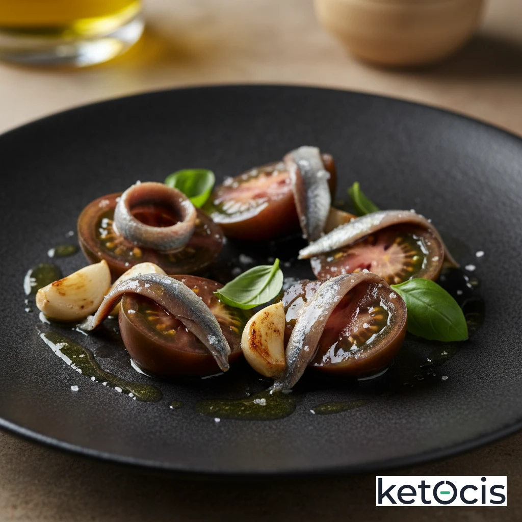 Ensalada de tomate kumato con anchoas del cantábrico y ajo