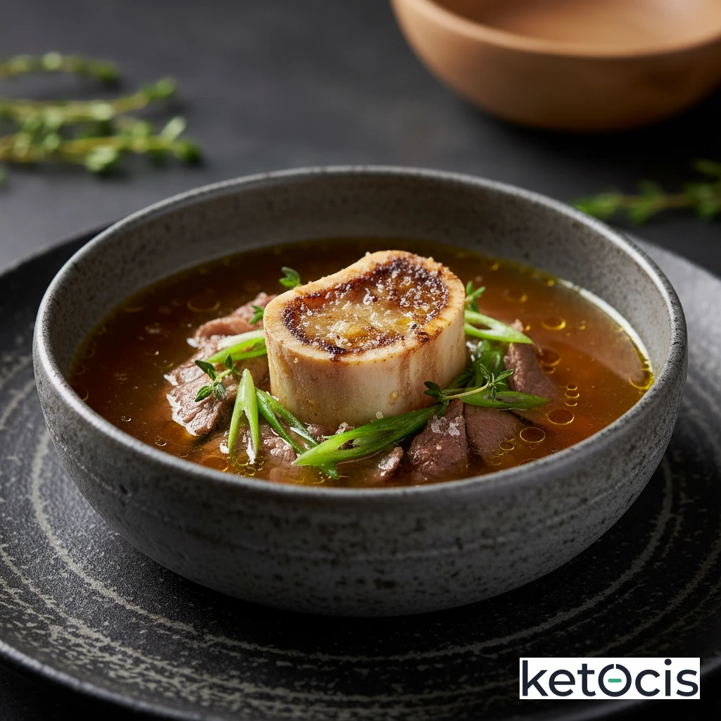 Caldo de huesos de ternera con tuétano asado muy nutritivo