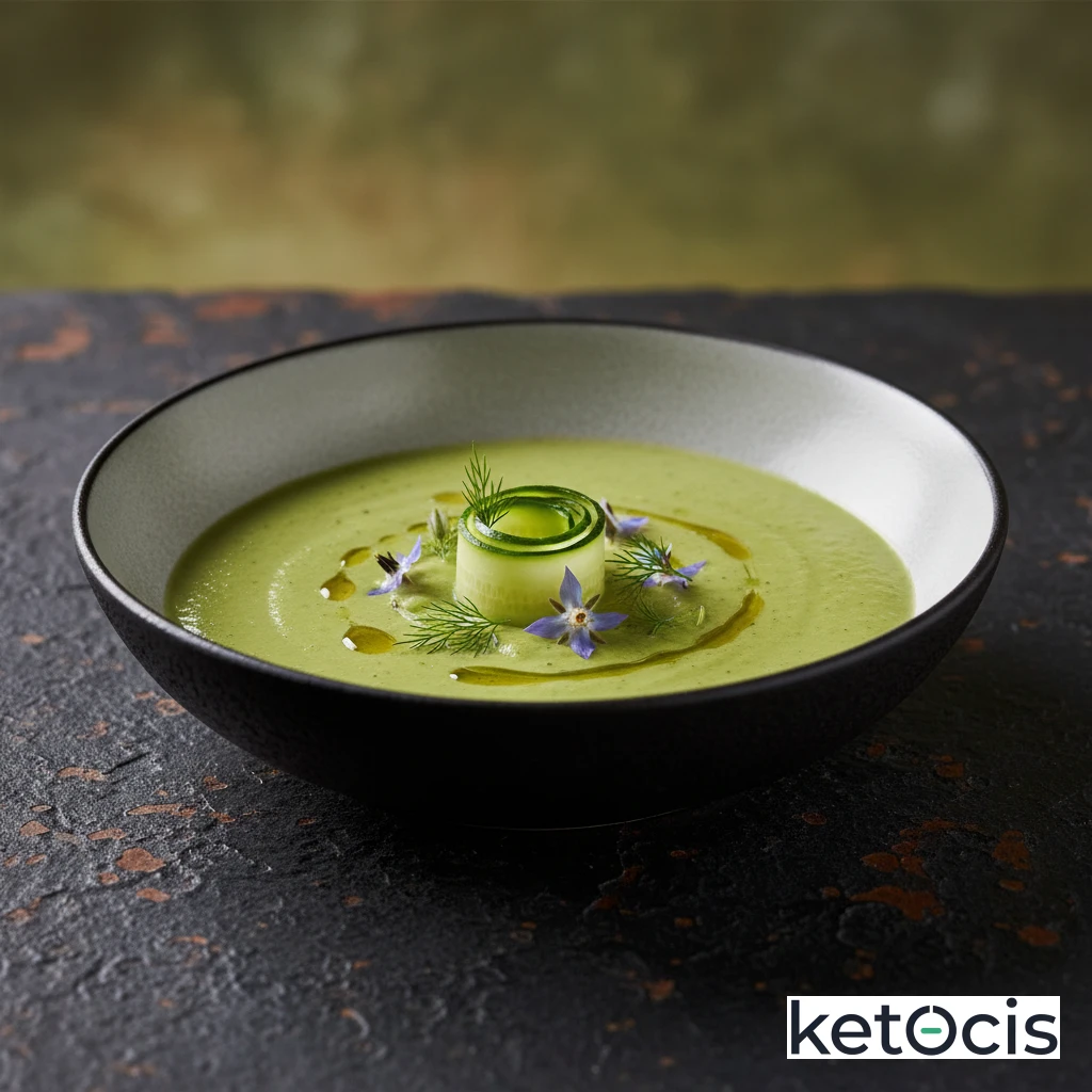 Crema de calabacín verde sin lácteos servida muy fría