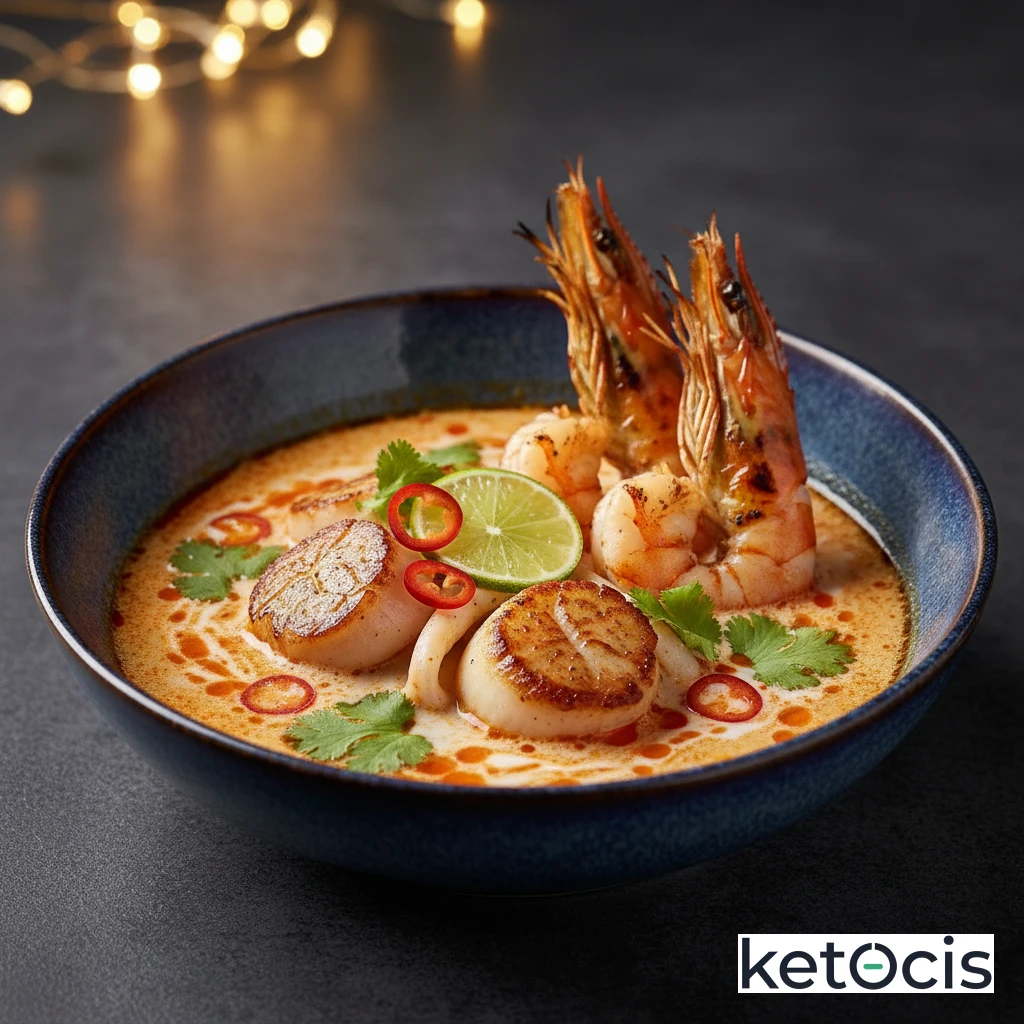 Sopa de mariscos picante estilo tom yum keto sin azúcar