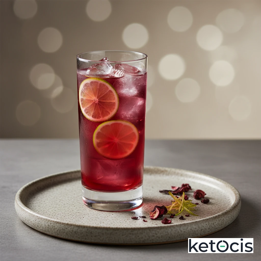 Infusión fría de flor de jamaica con hielo y rodajas de lima