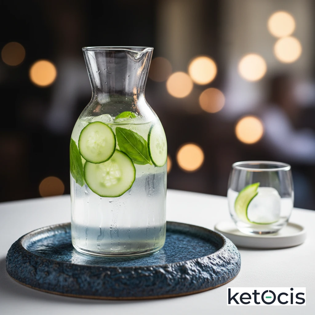 Agua mineral infusionada con pepino fresco y hojas de albahaca