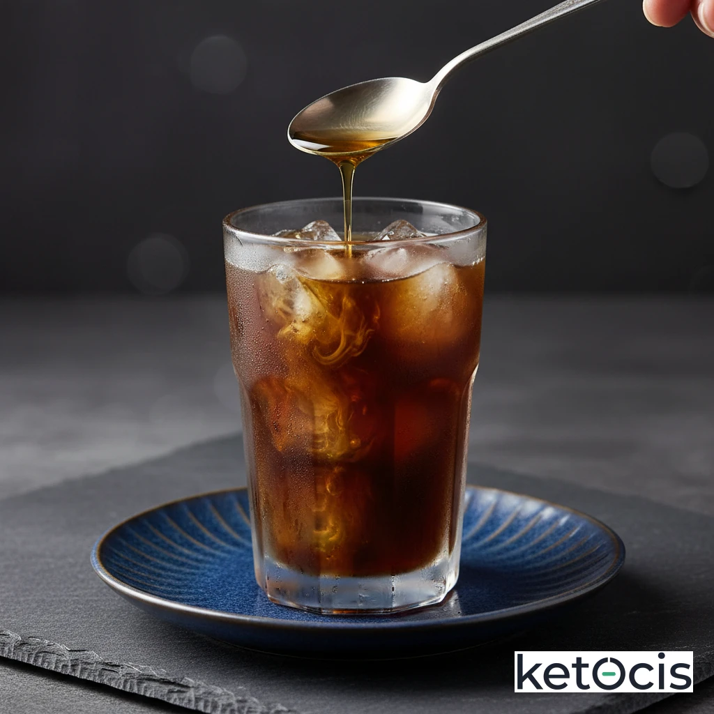 Café solo largo helado con una cucharadita de aceite mct