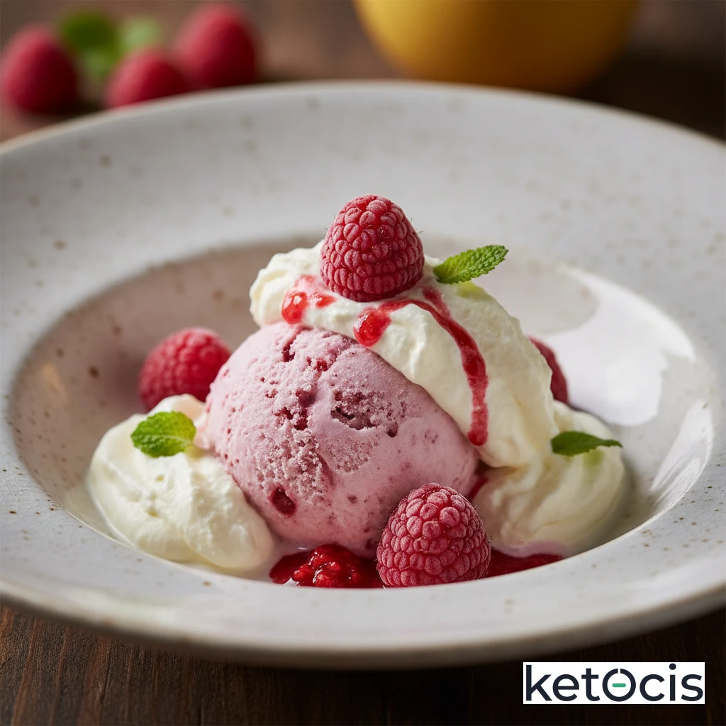 Helado cetogénico de frambuesas congeladas y crema batida espesa
