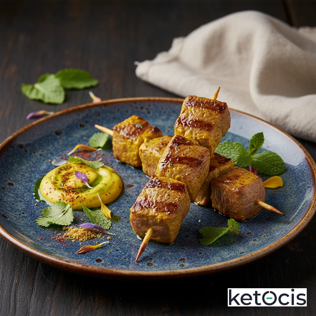Pinchos de carne de ternera marinados en yogur y cúrcuma