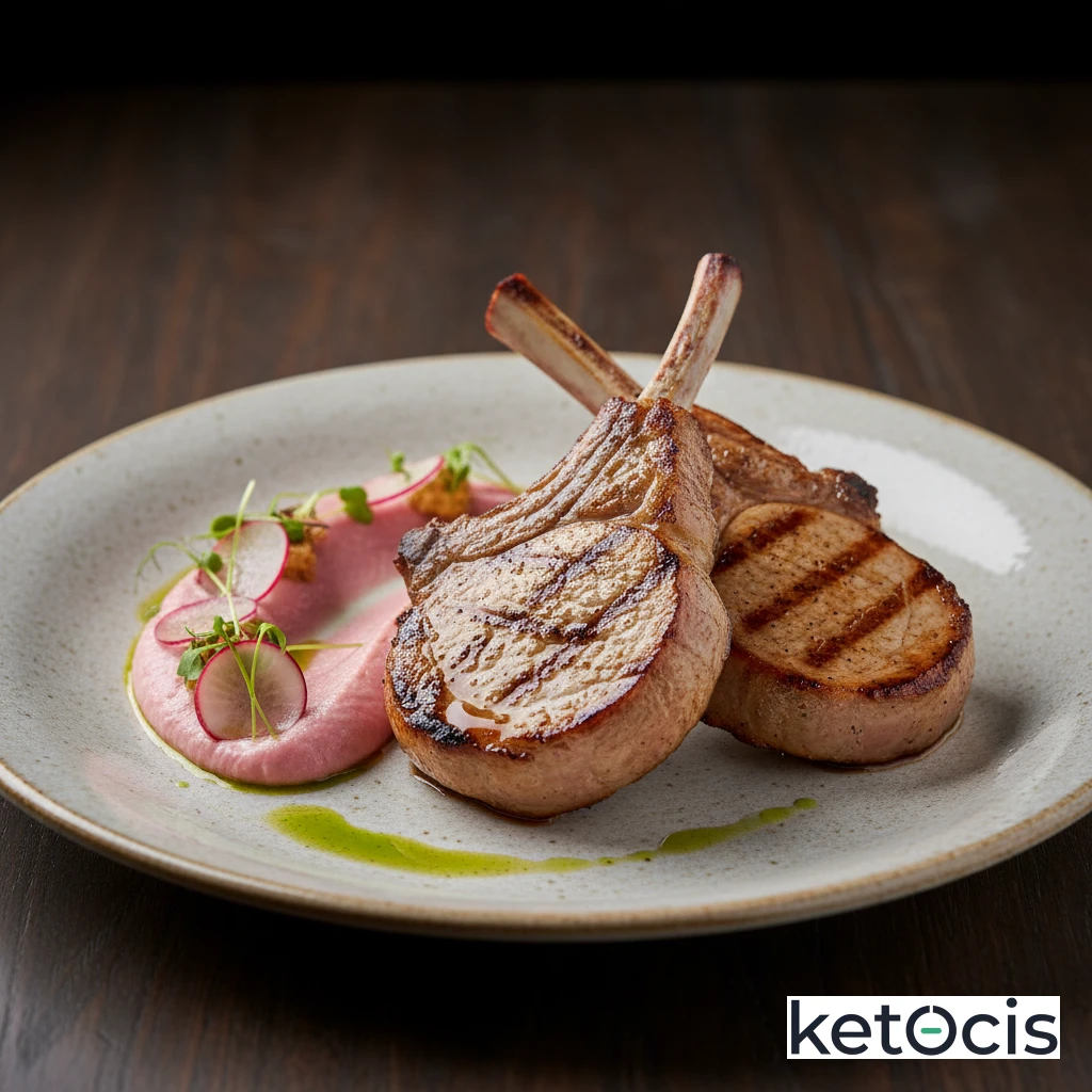 Chuletas de cerdo de palo a la plancha con puré de rábano