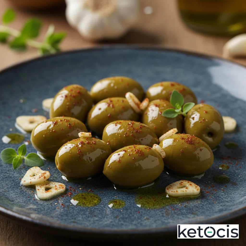 Aceitunas aloreñas aliñadas con ajo machacado y pimentón
